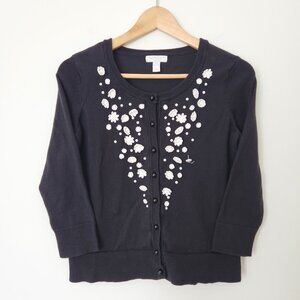 Vintage Y2K Black 3D Floral Cardigan Pearl Button‎ Size P Charter Club Sweater